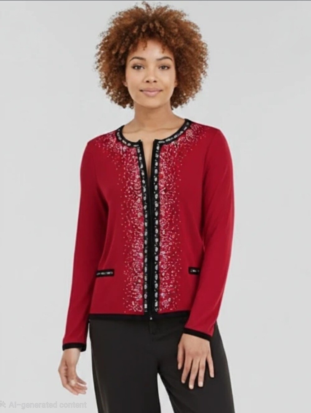 Cathy Daniels Red & Black Embellished Cardigan, Full Zipper - Large Petite